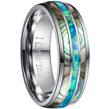 

2019 8mm Acacia Green Opal Wedding Tungsten Steel Ring Inner Silver Color Engrace Carbide Boho Rings For Mens Women Jewellery