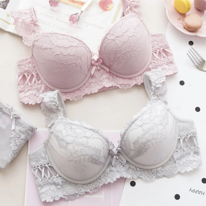 

Wasteheart New Women Fashion Pink Gray Push Up Cup B C Bra Sets Cotton Lace Trim Cotton Panties Sexy Lingerie Sets Underwear