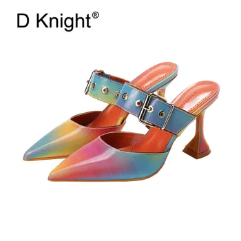 

2020 Women Mules Rianbow Slides Female Buckle Slippers Sexy Summer High Heel Luxury Ponited Toe Gladiator Sandal For Woman Shoes