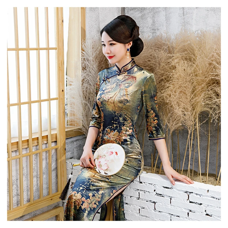 Золотой бархат cheongsam осень и зима женский китайский стиль ретро рукава улучшенное платье Чонсам длинное темперамент XL