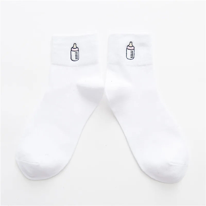 Women Socks Autumn Winter New Cotton Embroidery Cartoon Black White Tube Ladies College Wind Personality Casual Sports Sock - Color: White Bottle