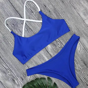 

Female Sexy Navy Blue Split Tube Top Bikini Swimsuit With Chest Pad Without Underwire