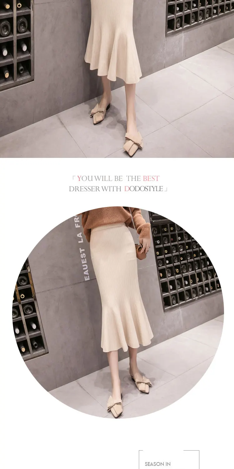 New Elegant Autumn Winter Knit Skirts Women Sweater Bodycon Mermaid Office Lady Work Wear Ruffles Skirt Chic saias faldas