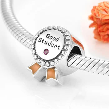 

925 Sterling Silver fine beads Wine red CZ Good student medal Charms Fit Original European Charm Bracelet Jewelry making