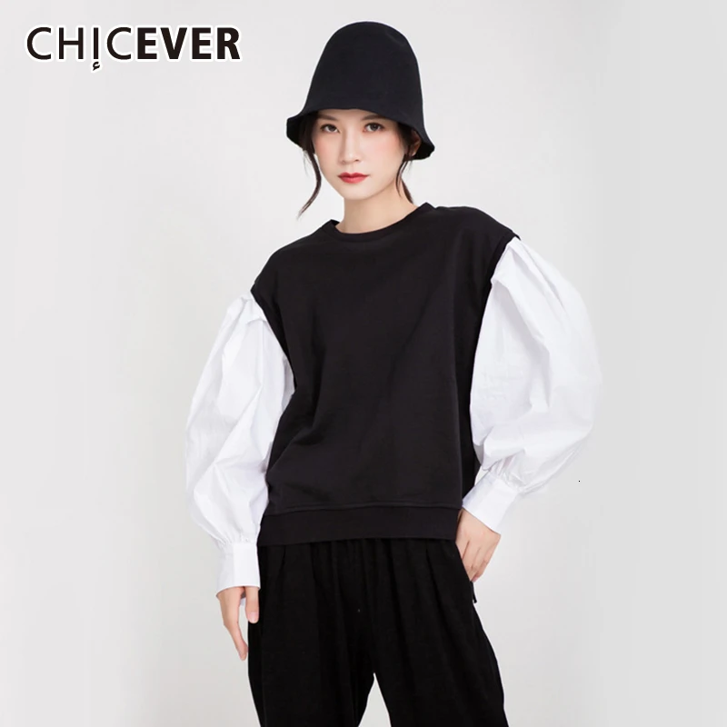 CHICEVER Лоскутная Женская толстовка с длинным рукавом и круглым вырезом в Корейском