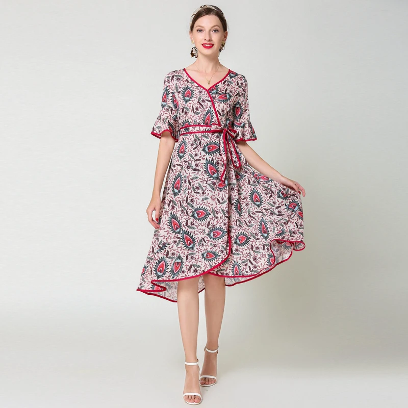 2019 nieuwe zomer casual mode print jurk V-hals vijf mouwen tie met taille-lengte onregelmatige zoom 2019 nieuwe zomer casual mode print jurk V-hals vijf mouwen tie met taille-lengte onregelmatige zoom
