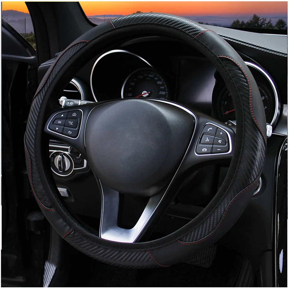 Универсальный чехол рулевого колеса автомобиля против скольжения из искусственной кожи рулевые Чехлы дышащие для 37-38 см Авто украшения из углеродного волокна - Название цвета: black