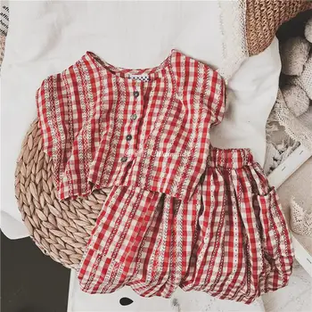 

2-8Year Children Cotton Clothing Set Short Sleeve Tshirt+Skirt 2Pieces Girls Plaid Clothes Sets Girls Tracksuit