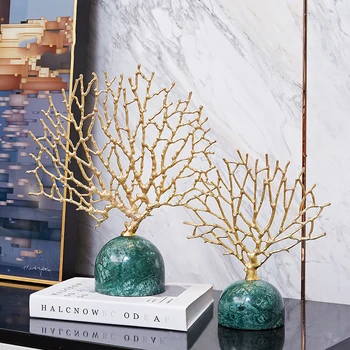

Moder Coral Tree Shape Alloy Sculpture Statue Crafts Green Marble Art Decorative Gift Ornament Home Decor Marble Accessories
