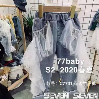 

2020 new wholesale girls ruffles denim pants fashion patchwork spring girls jean pants 4-9t C449