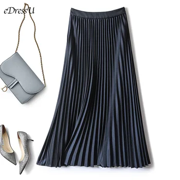 

Women Pleated Skirt 2020 High Waist Midi Long Skirt with Lining Chiffon Solid Spring Summer A-line Skirt Office Daily Wear RS-2