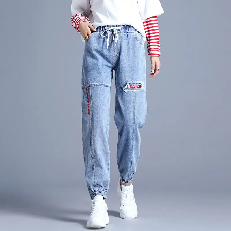 Spring /Fall Cropped Jeans Women's Loose High Waist Jeans Female Ripped Elasticated Pants Patchwork Vintage Denim Joggers Women