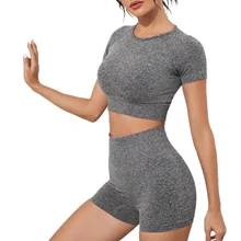 Sem costura feminino vital yoga conjunto de manga curta colheita top sutiã shorts leggings sportsuit treino roupas atlético conjunto ginásio