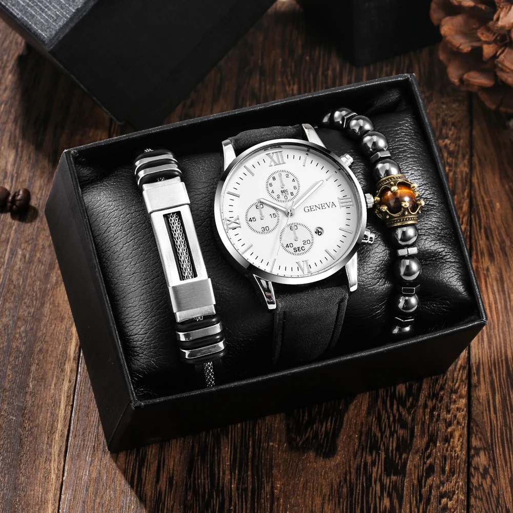 Bracelet Watch Gift Set for Man Leather Quartz Watch with Calendar Dial Men's Black Elastic Chains Anniversary Gift to Husband