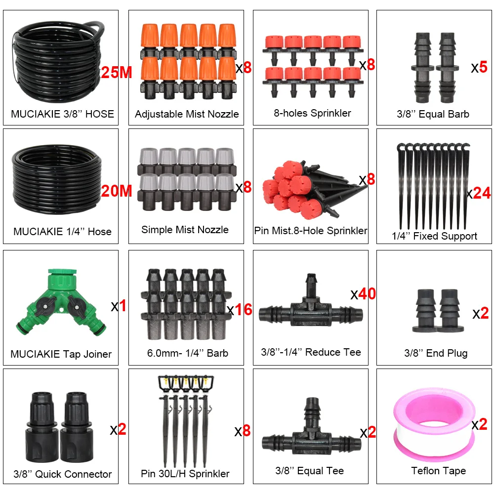 MUCIAKIE 3/8 ''главная линия садовые оросительные комплекты 1/4'' ветка шланг Туманная система охлаждения растений капельного спринклера полива распыления - Цвет: 25m 3l8 in kits