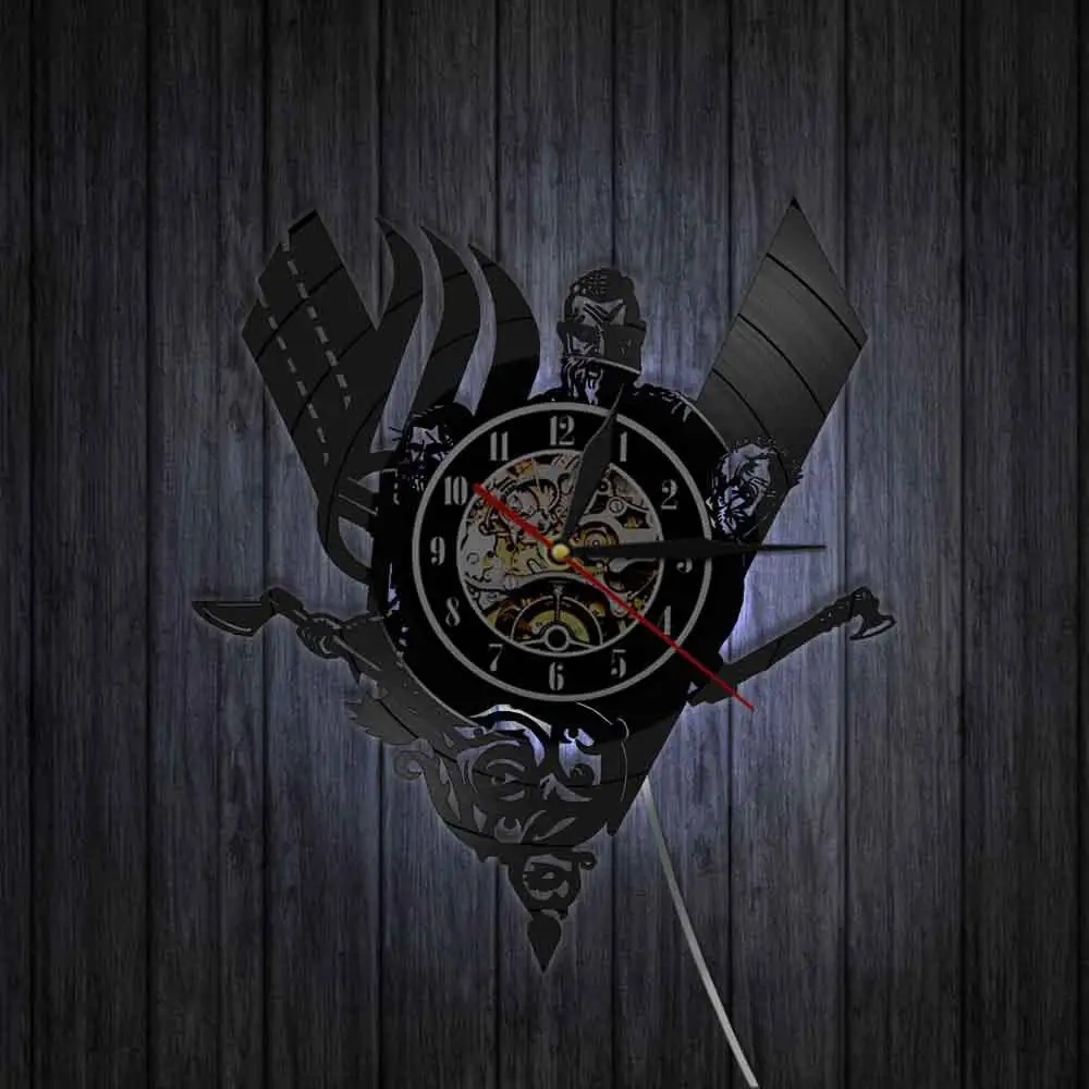 Mysterious Norse Viking Wall Clock Vintage Design Vinyl Record Warrior Weapons Battle Axe Watch Handmade Vinyl Disk Crafts Clock 