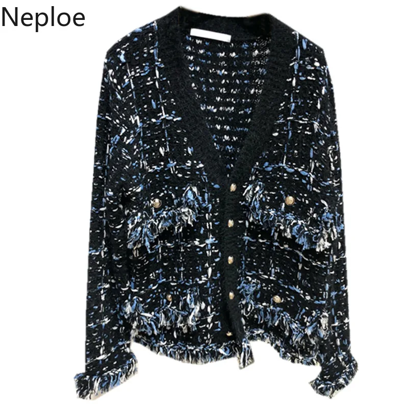 Neploe, v-образный вырез, кисточка, длинный рукав, Женское пальто, однобортное, в стиле пэчворк, вязаный кардиган, свитер, свободный, Sueter, новинка 47977