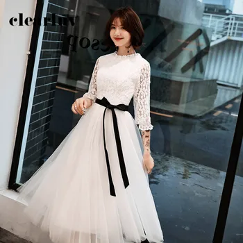

White Ruched Evening Gowns R261 A-Line Tea-Length Banquet Dresses For Women Lace Three Quarter Sleeve Vestidos De Fiesta 2020