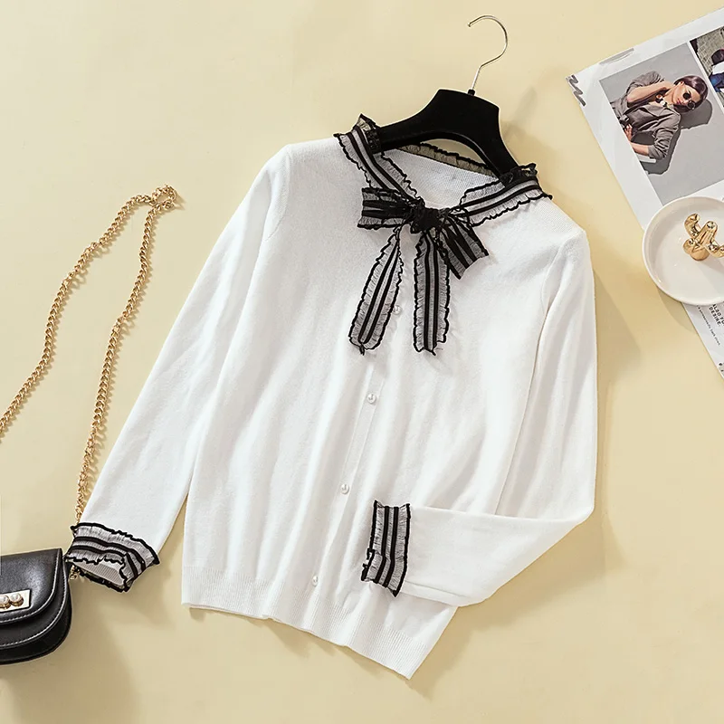 Sweater Women Autumn Winter Elegant Sweet Frill Lace Trim Bow Single Breasted Cardigan Ladies Knitted Sweater Soft Knitwear - Цвет: Белый