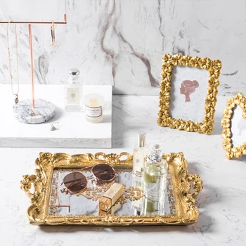 

Nordic Style Storage Mirror Tray Gold Vintage Jewelry Plate Dessert Snack Food Makeup Organizer Home Desktop Decor