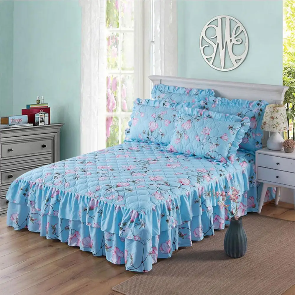 3pcs/Set Graceful Quilted Thickened Fitted 1xBedspread 2xPillowcase Laced Fitted Sheet Two Layer Bed Cover 120/150x200 180x220cm