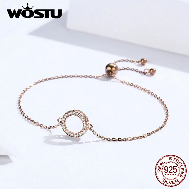 WOSTU,, 925 пробы, серебряный, розовое золото, браслет, сверкающий, Круглый, циркон, звено цепи для женщин, модное ювелирное изделие, DXB030-C