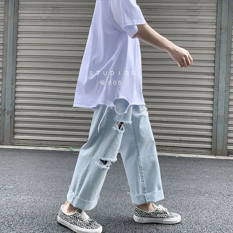 

2020 Spring And Summer New Youth Popular Loose Solid Color Ripped Jeans Fashion Casual Wild Nine Points Straight Pants