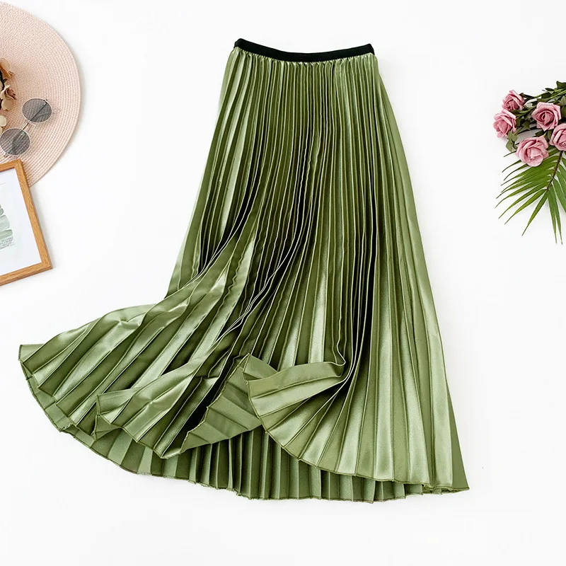 

2019 Autumn New Arrival Vintage Temperament Pleated Skirt Female European & American Style Long Satin Skirt Free Shipping