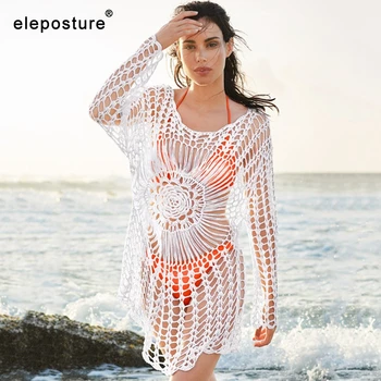

2020 New Sexy Crochet Hollow Out Beach Cover Up Handmade Long Sleeve Beach Dress Bikini Swimsuit Women Cover Up Summer Beachwear