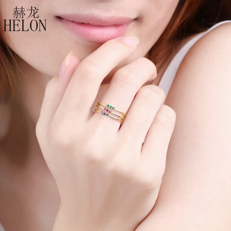 HELON кольцо с натуральным изумрудом сплошной 14k желтого золота тонкое укладка минималистский кольца камень для родившихся в мае Обручение Свадебные украшения