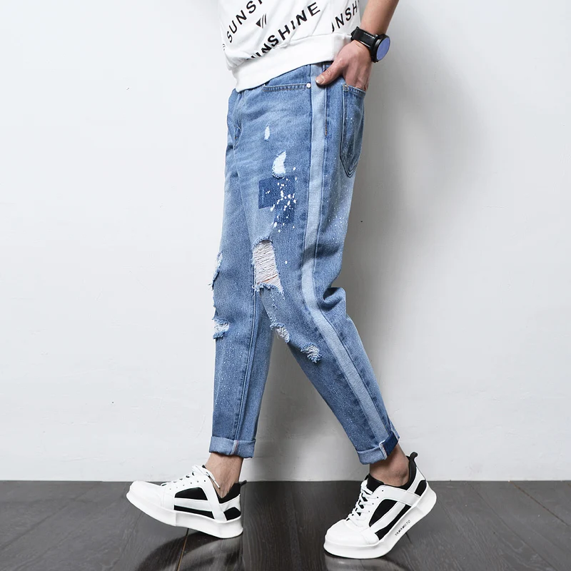 Seller Summer Jeans Men's Stretch Slim Fashion Washed Printing Casual Hole Jean Pants Men Streetwear Wild Hip Hop Denim Trousers Mens
