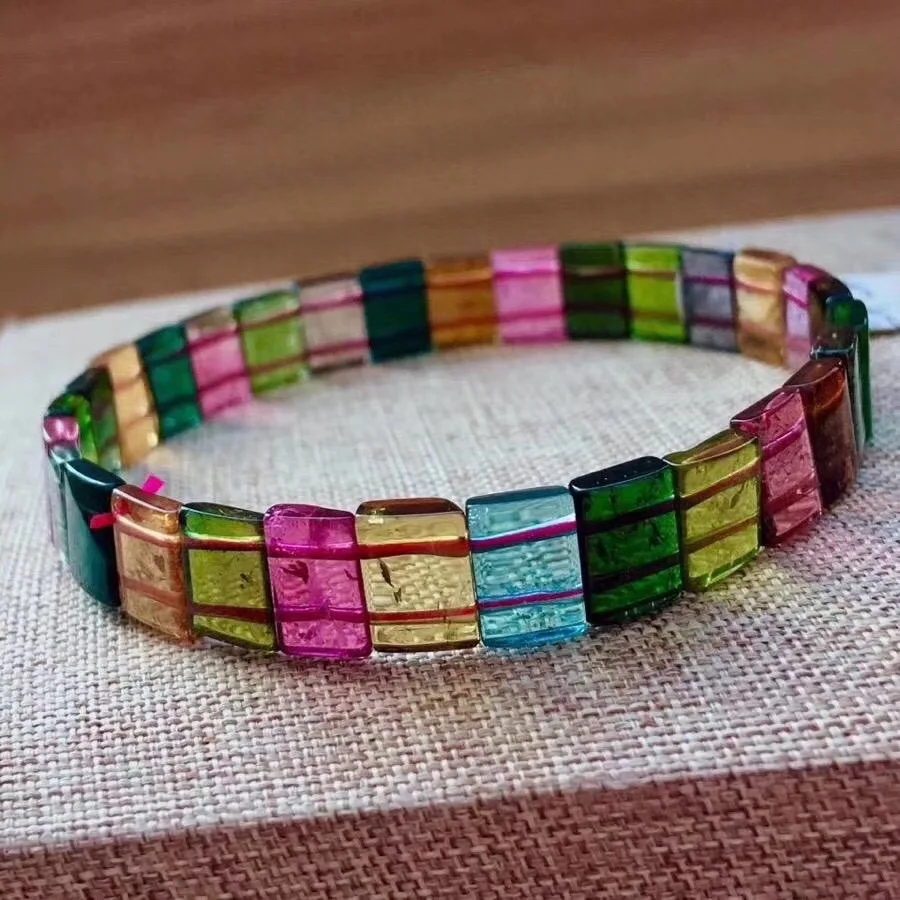 

Top Natural Clear Rainbow Tourmaline Quartz Bracelet Jewelry For Woman Man Brazil Crystal 8x6mm Rectangle Beads Bangle AAAAAA