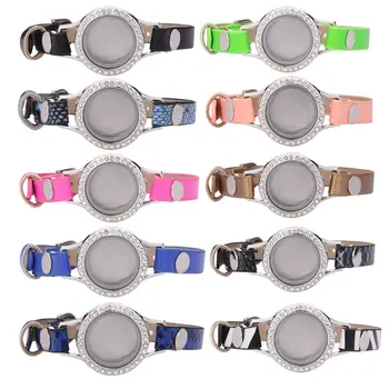 

5pcs/lot 25mm Floating Glass+Steel Locket Single Wrap PU Leather Bracelets Wristband With 50pcs Random Charms Christmas gifts