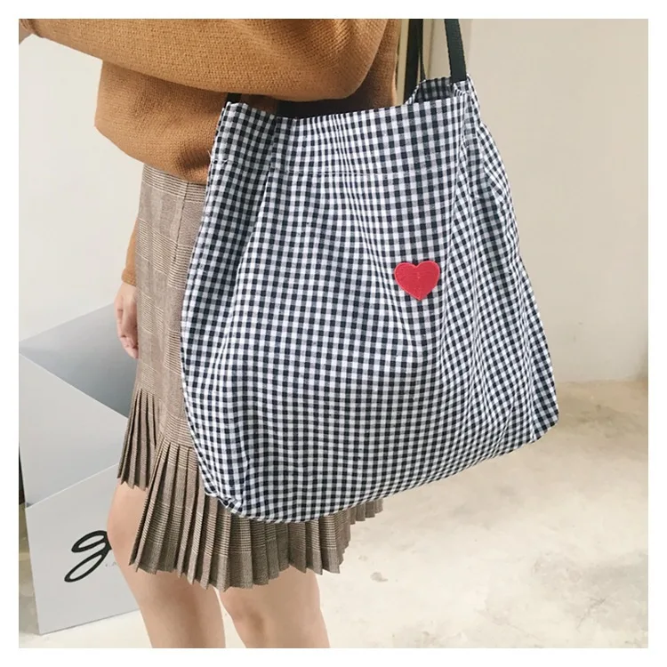 

A137chic INS GIRL'S Heart MORI Series Fresh Literature And Art Plaid Canvas Bag Embroidered Applique Shopping Bag