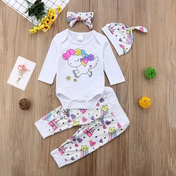 

Newest Hot Sell 4PCS Newborn Infant Cute Confortable Soft Baby Girls Cute Unicorn Clothes Rompers Pants Baby Outfit Set Autumn