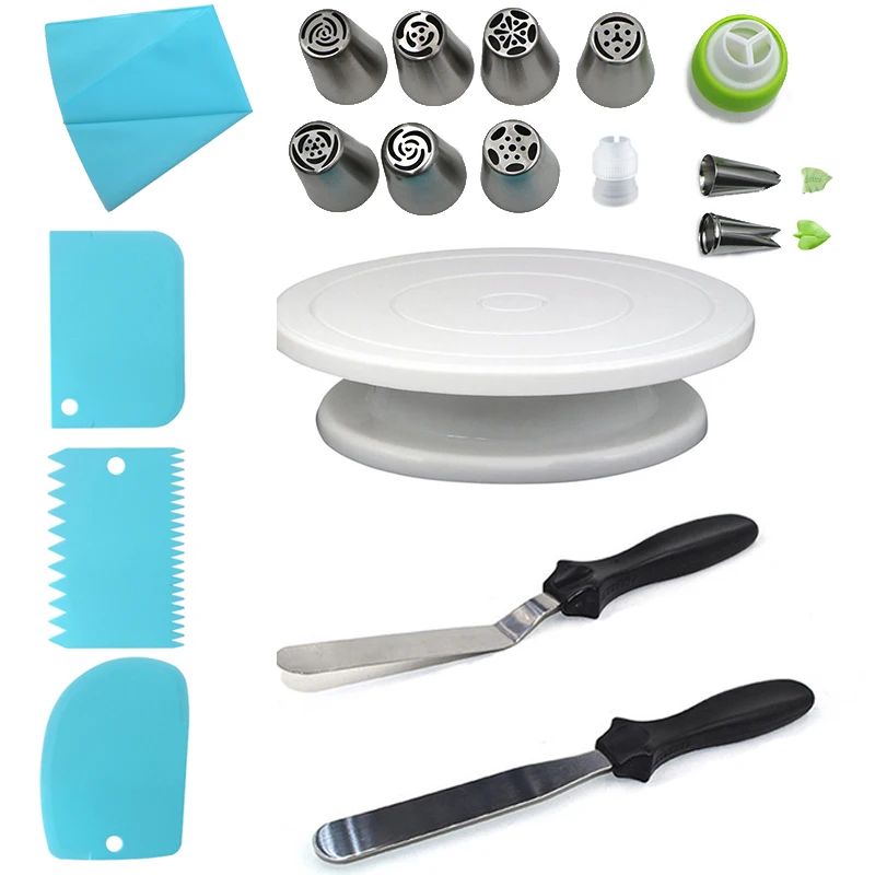  Plastic Cake Turntable Set Icing Piping Nozzles Cakes Rotating Stand Dough Knife Decorating Tools C