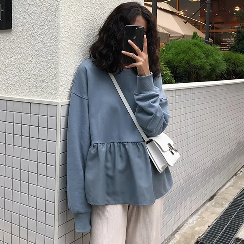 

Women Hoodie Sweatshirts 2019 autumn harajuku solid Ruffle Long Sleeve Hoodies O Neck Pullover Tops Casual Loose Thin Sweatshirt
