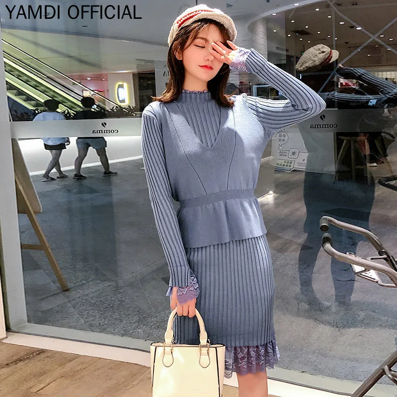 YAMDI для женщин осень зима вязаный костюм повседневное офис леди работы элегантный свитер с воротником платье и куртка без рукавов комплекты из 2 предметов