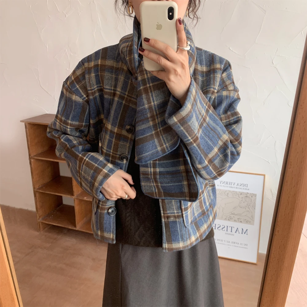 SHENGPALAE Autumn Winter With Bow Long Sleeve Vintage Fashion Jacket Plaid Dot Printing Loose Women Coat Tide FV980