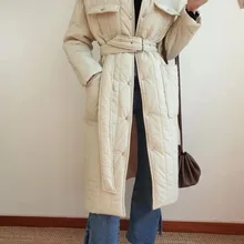 Стеганая Женская куртка белая стоячий воротник Длинная куртка корейский стиль однобортное длинное теплое пальто с поясом уличная одежда