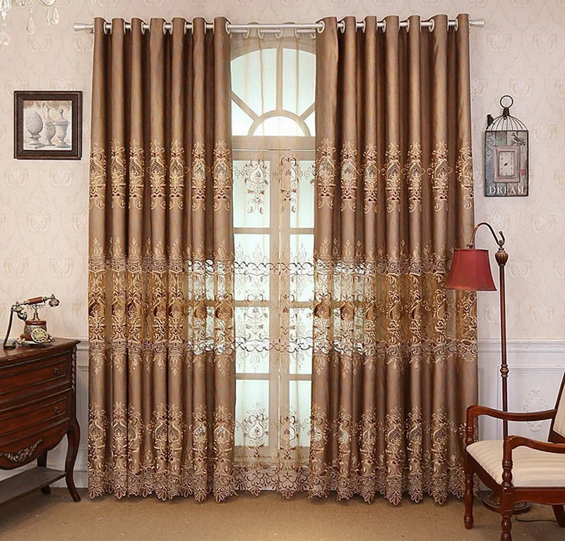 Роскошная вилла шторы с вышивкой тюль гостиная Европейский коричневый тюль геометрический прозрачный вуаль окна шторы M122#40