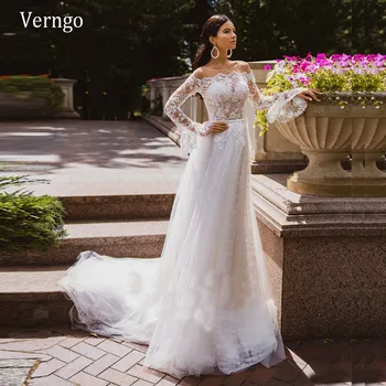 

Verngo Delicate Lace Applique Long Sleeves Wedding Dress For Bridal Sheer Neck Fitted A Line 2021 New Bridal Gowns Buttons Back
