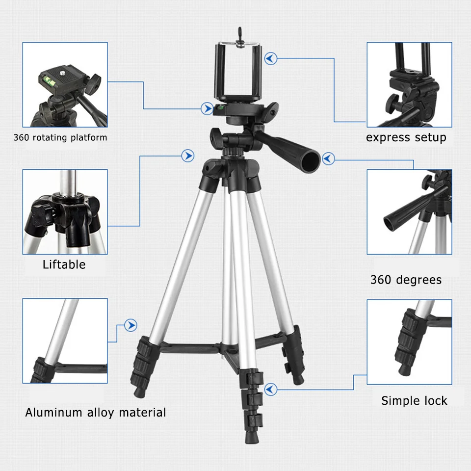 Lightweight Camera Phone Tripod Portable AdjustableStand Mount Holder Clip Remote Control For Live Youtube Cellphone