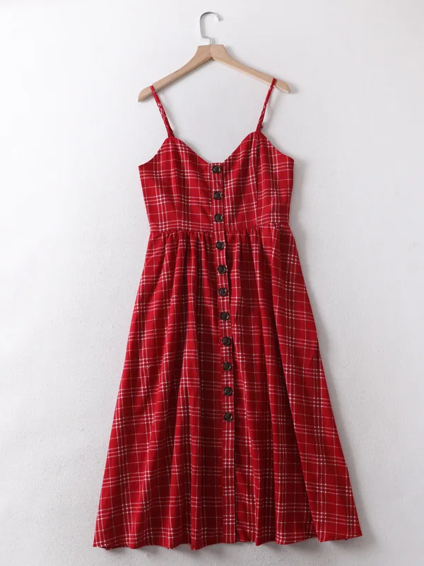 

One's Red And White Plaid Strapped Dress Slimming A- line Camisole Gorgeous Big Skirt Children Entity