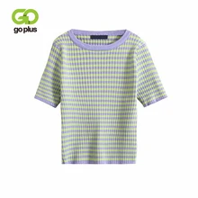 GOPLUS NEW 2019 Spring Vintage Female Knitted T-Shirt Women's O Neck With Short Sleeves Tops Spring Green Cropped Tops C7409