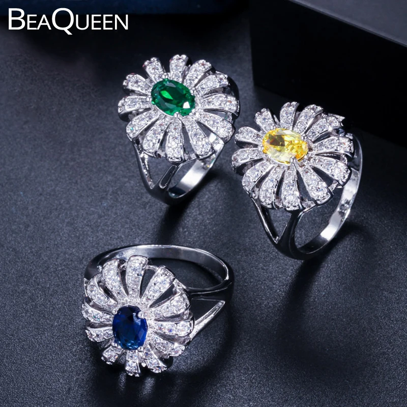 

BeaQueen Beautiful Green Blue Yellow Genuine Cubic Zircon Daisy Flower Finger Rings Engagement 925 Silver Jewelry for Women R091