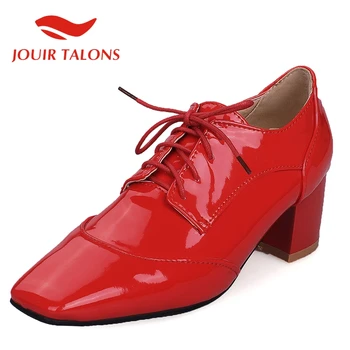 

JOUIR TALONS Britain Style Casual Sqaure Toe Patent Autumn women shoes Office Ladies Cross-tied Solid Square Thick Heels Pumps