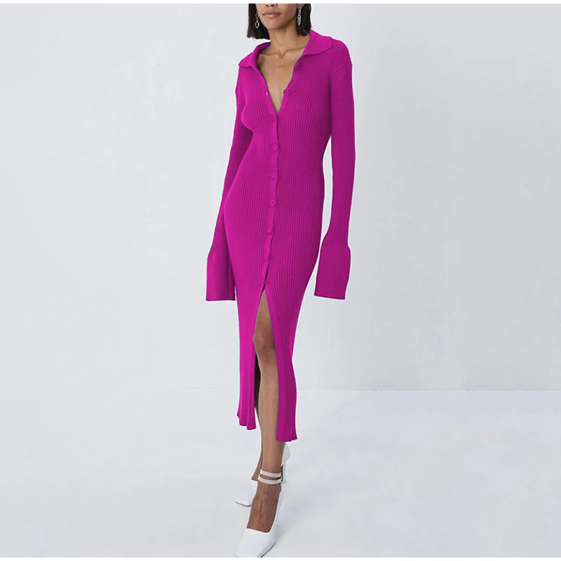 Sexy V-neck Midi Knitted Women Dress Bodycon Fashion Long Sleeve Button Sweater Dresses Female Autumn 2021 Ladies Party Vestidos slip dress