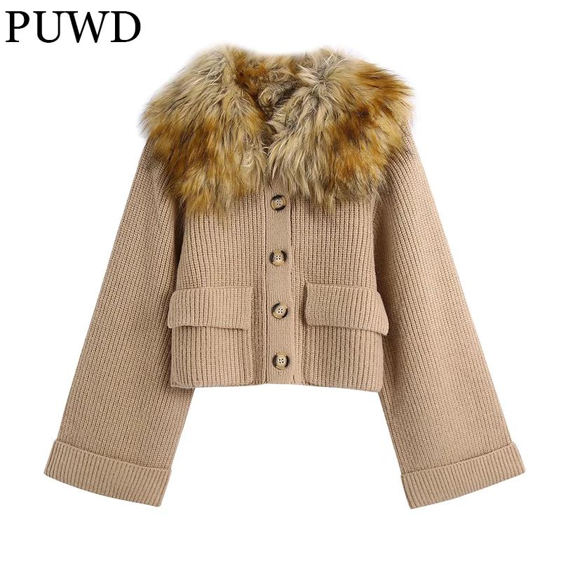 

PUWD Warm Women Faux Fur Collar Knitted Jacket Autumn/Winter 2021 Casual High Street Retro Coat Pocket Slim Female Thick Outwear