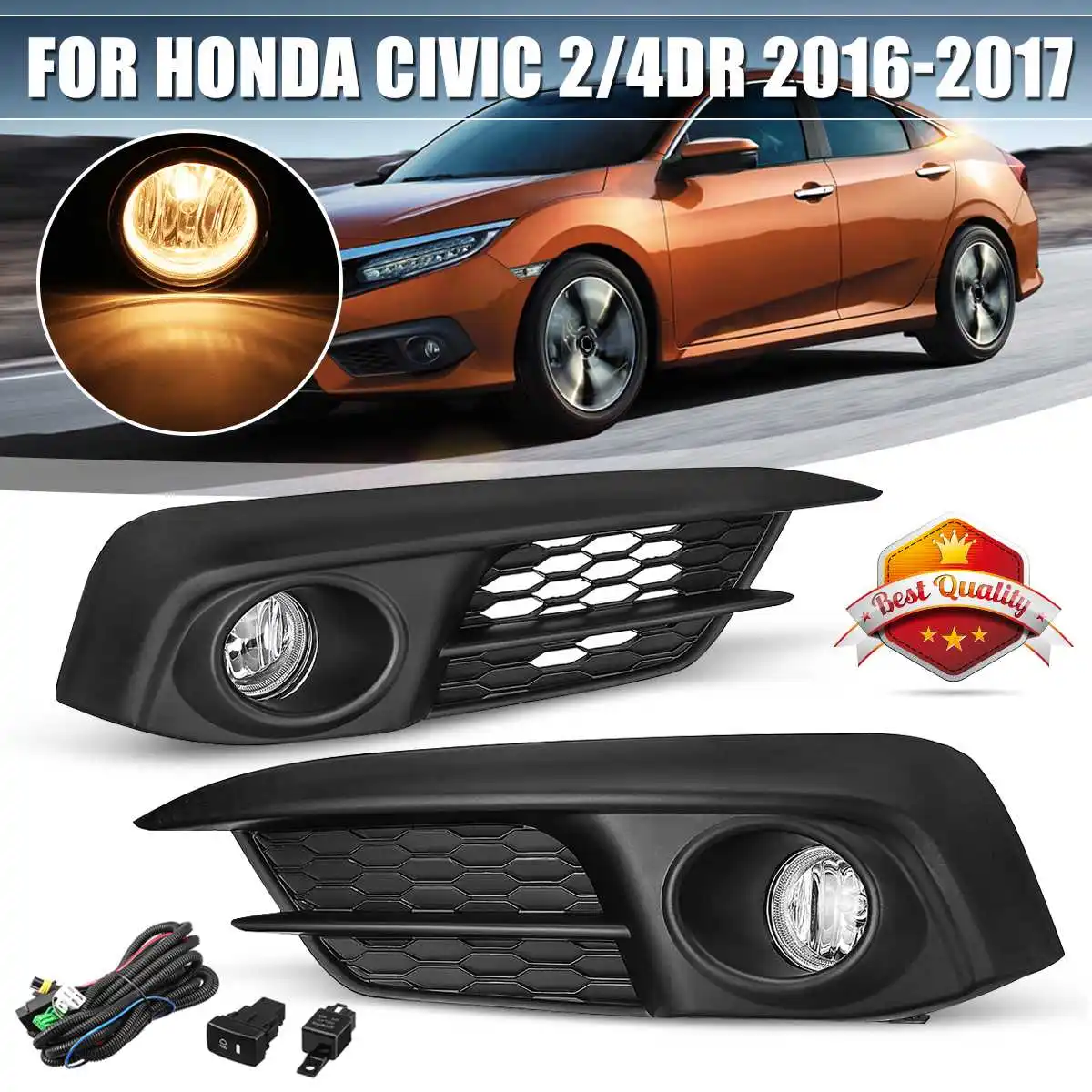 

Pair 12V H8 Bumper Grille Driving Led Fog Lights with Harness Replacements for Honda for Civic 2016 2017 2/4Dr HO2592143 35W